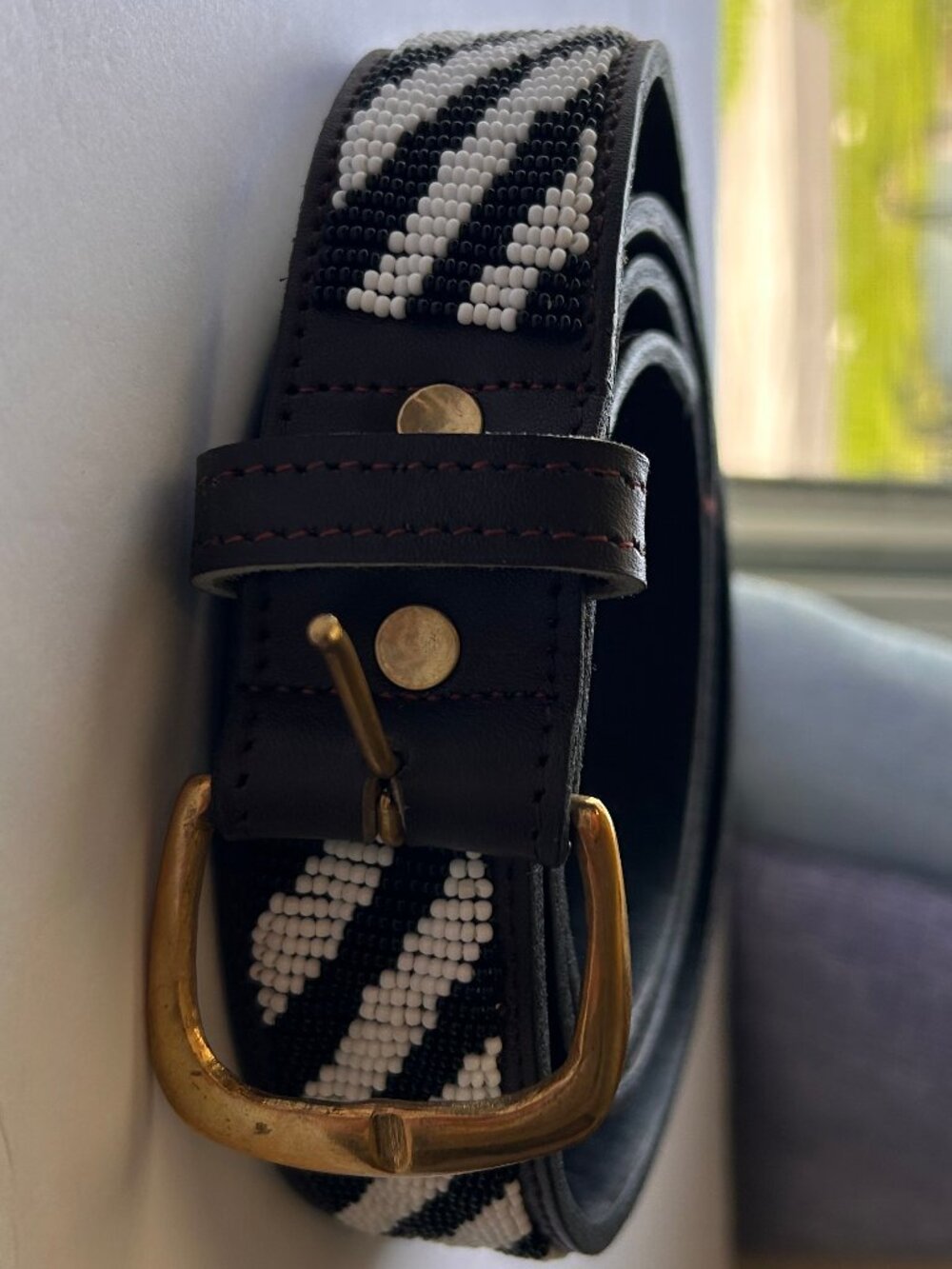 Beaded Zebra Print Brown Leather Belt 1.5" Wide Boho Western Unisex